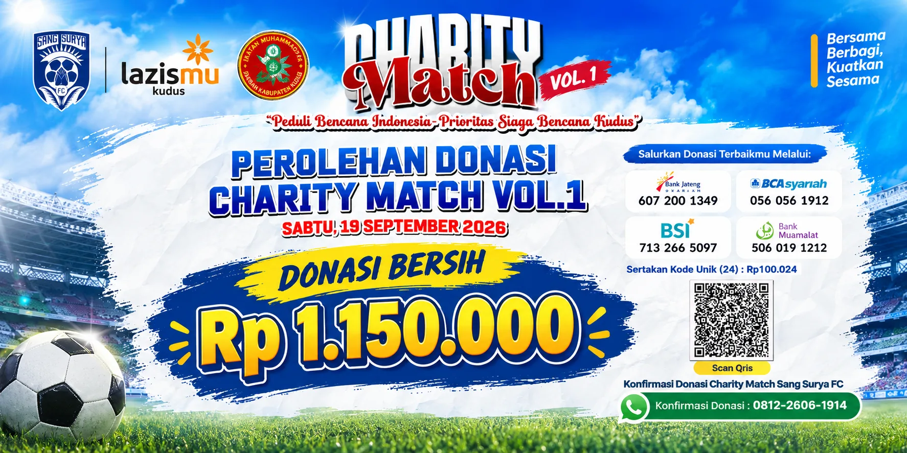 Fun Football Charity Match Vol. 1 Digelar, LAZISMU dan Sang Surya FC Galang Donasi untuk Kebencanaan Kudus